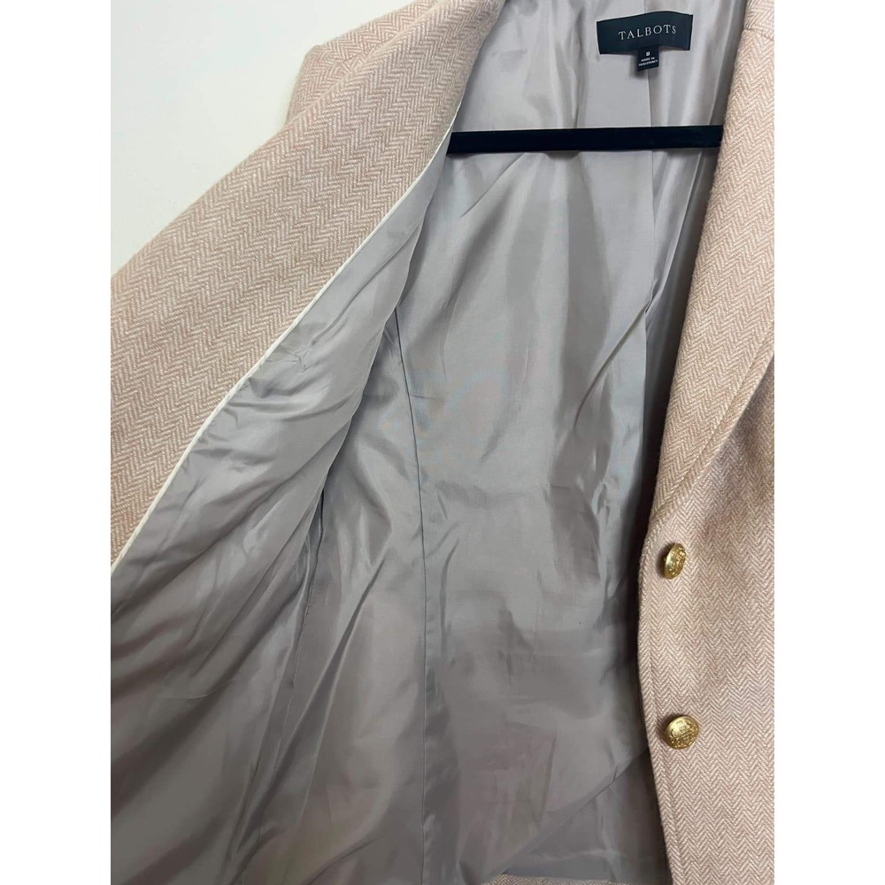 Talbots Womens Tan Herringbone Wool Blend Blazer Gold Button Jacket Size 8 - Picture 6 of 10